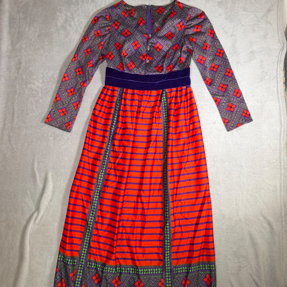 Vintage Eyeful Maxi Dress Psychedelic Floral Geometric Orange Purple ILGWU 8